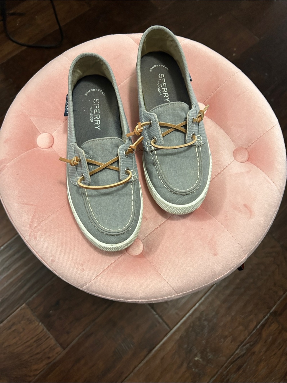 Sperry Light Gray Canvas Boat Shoes with Tan Laces